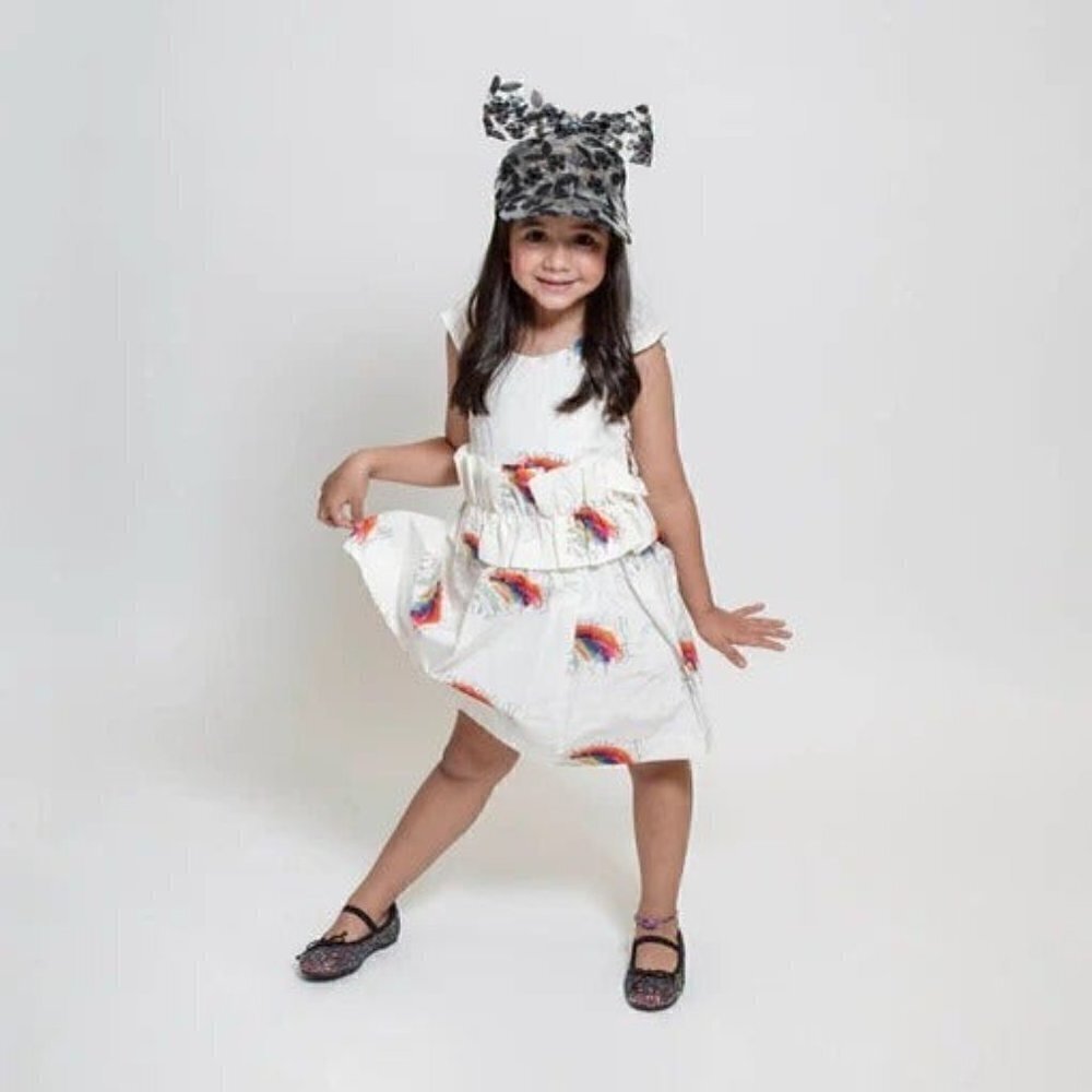 Hilda Henri Rainbow Print Flutter Sleeve‎ Dress Kids 8 White Peplum Whimsical